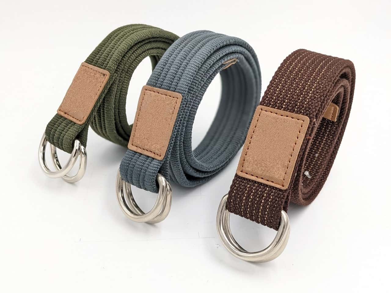 Woven canvas belt with double D-ring buckle