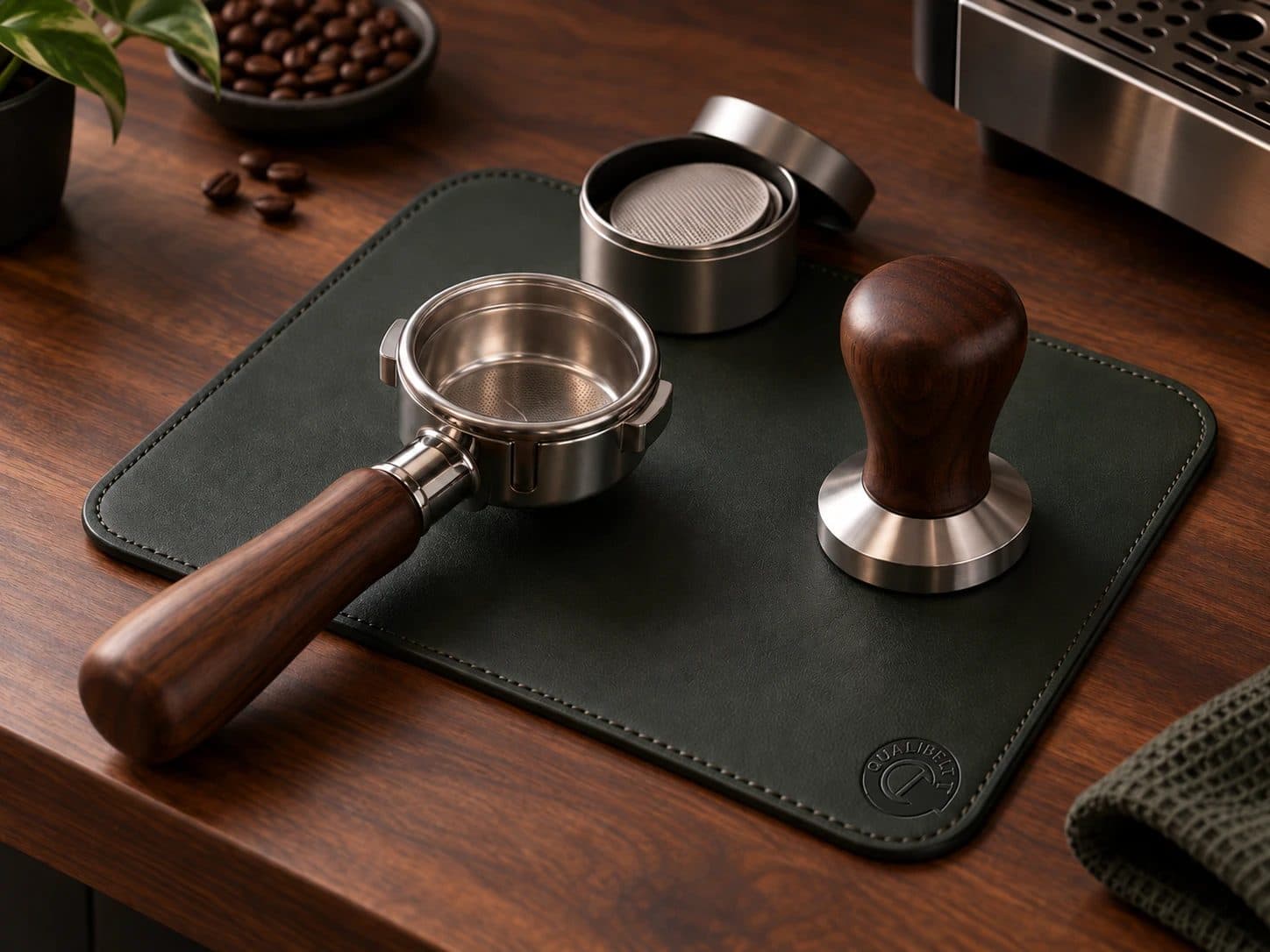 A dark green leather coffee mat on a wooden counter with a portafilter and tamper