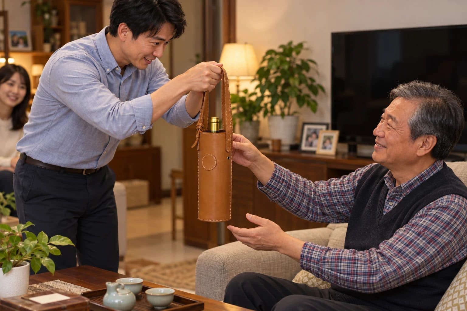 A young man hands his girlfriend's father a tan leather wine carrier in the living room