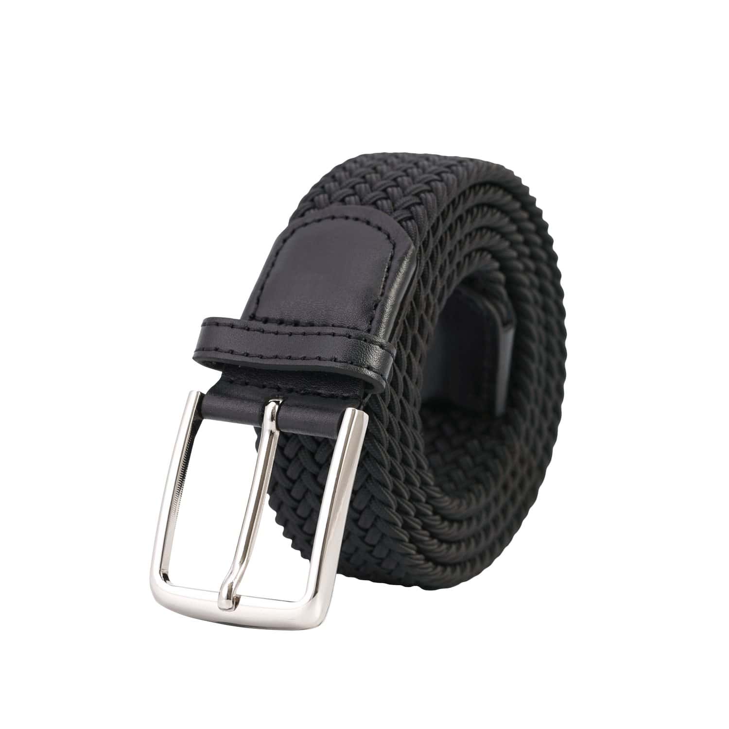 Elastic webbing belt in navy blue and brown weave with leather end tab
