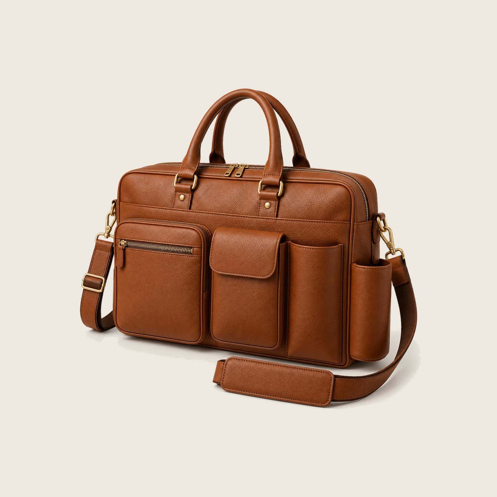 Tan pebble-grain leather laptop briefcase with several front pockets and a bottle holder