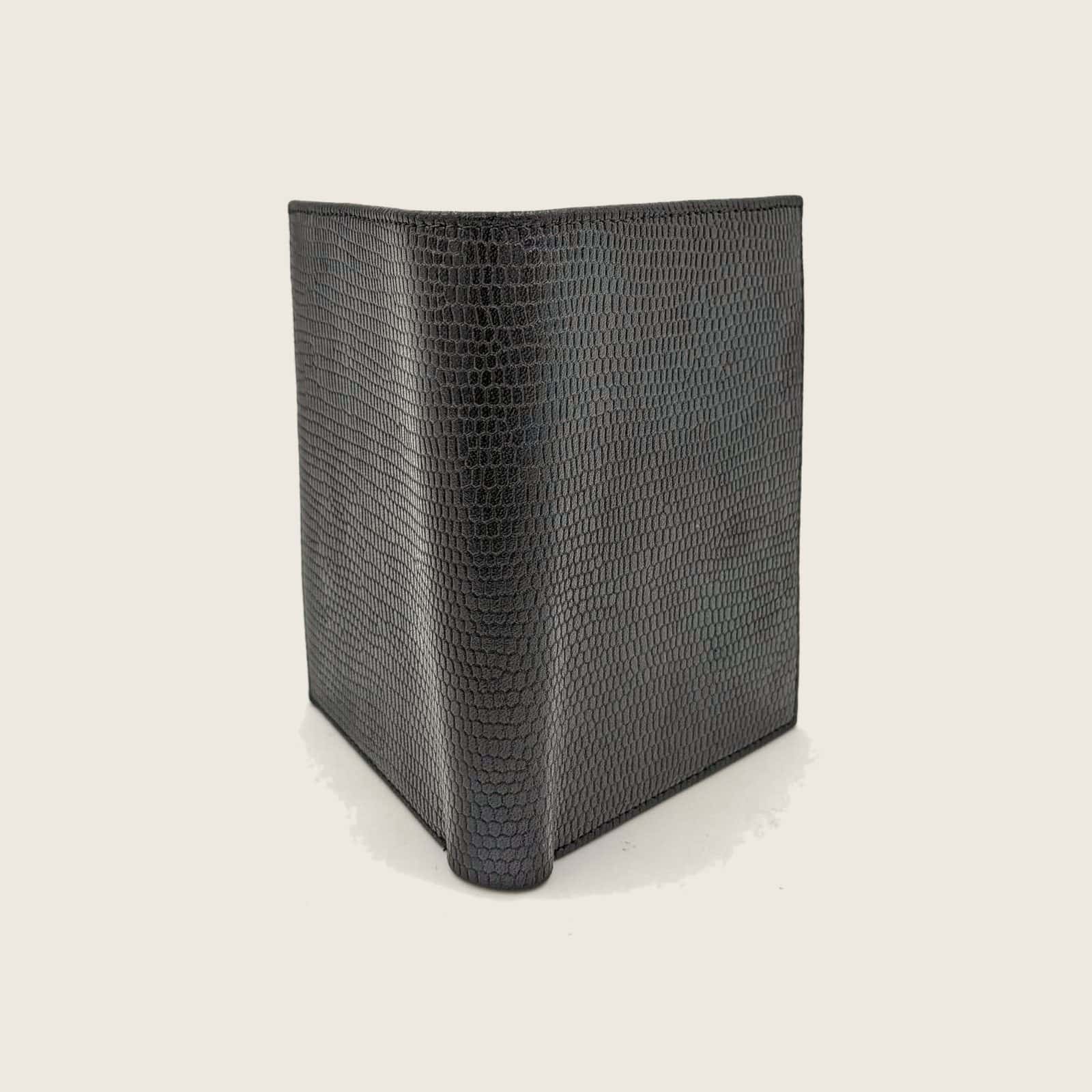 Vertical wallet with portrait fold, opened to show upward-facing cards